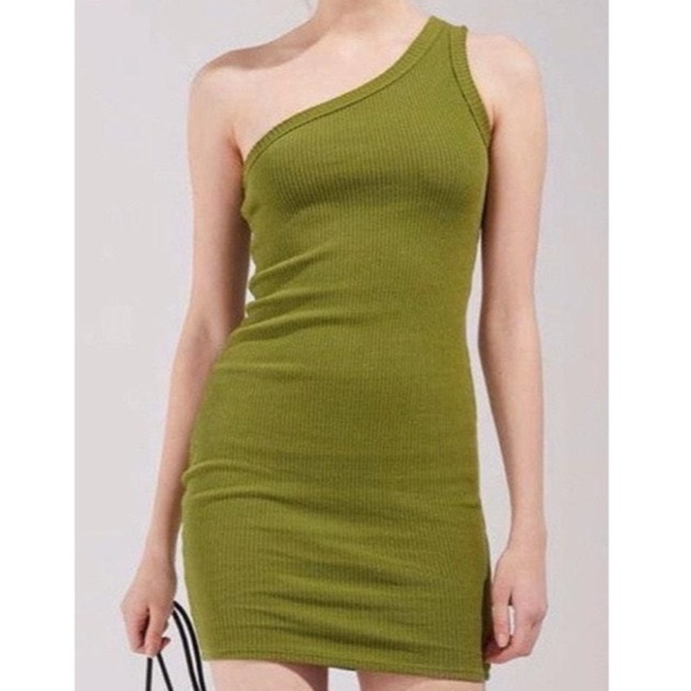 Urban Outfitters Ribbed Olive Green One‎ Shoulder Dress, Size XS